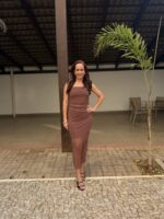 VESTIDO MIDI TULE POÁ MARROM | PRIMAVERA–VERÃO