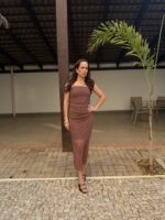 VESTIDO MIDI TULE POÁ MARROM | PRIMAVERA–VERÃO - Imagem 2